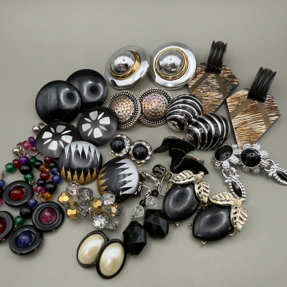 Vintage Clip On Earring Lot 13 Pairs 80s 90s Retro Geometric Pearl Beaded Black